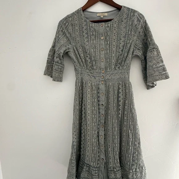 Lace Button-Front Midi Dress in Blue Grey | Polagram Dress size Medium - Picture 2 of 7